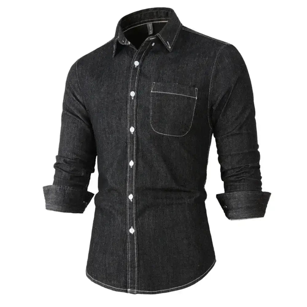 Black denim button-down shirt from Denim Shirt & Leather Backpack Combo for stylish looks