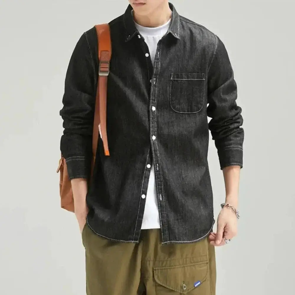 Black denim shirt for men, long sleeve style paired with a leather backpack combo