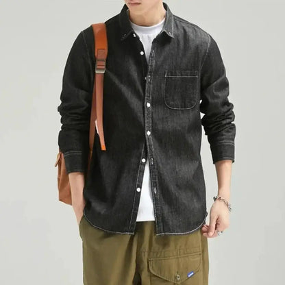 Black denim shirt for men, long sleeve style paired with a leather backpack combo