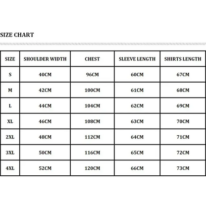 Clothing size chart for Denim Shirt & Leather Backpack Combo with mens long sleeve options