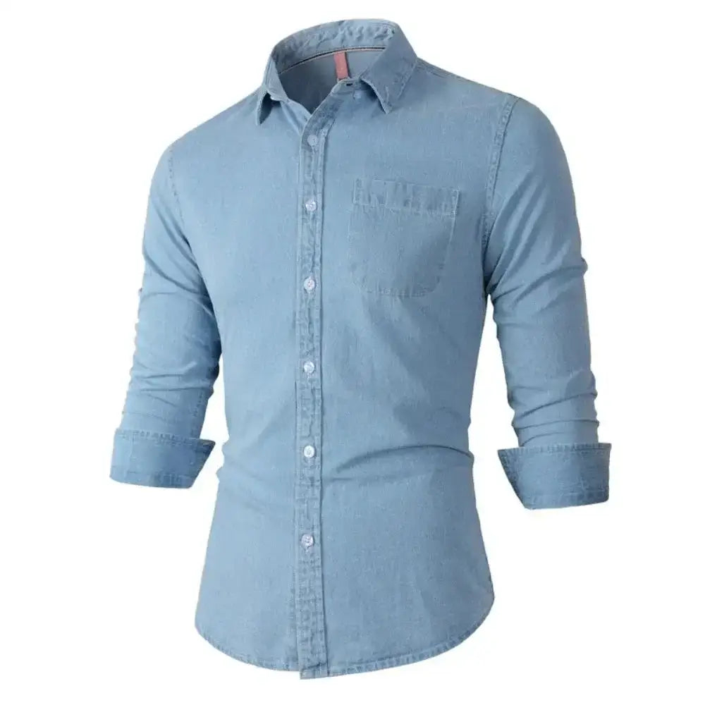 Light blue denim shirt in a stylish mens long sleeve and leather backpack combo