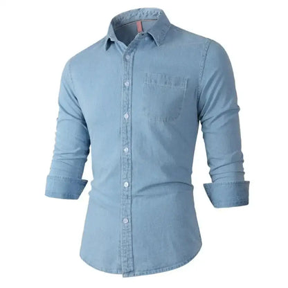 Light blue denim shirt in a stylish mens long sleeve and leather backpack combo