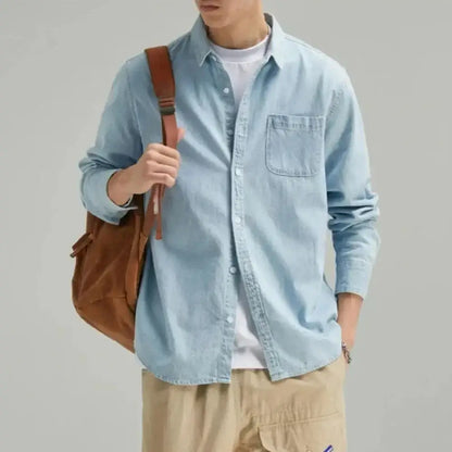 Light blue denim shirt from the Denim Shirt & Leather Backpack Combo for casual style