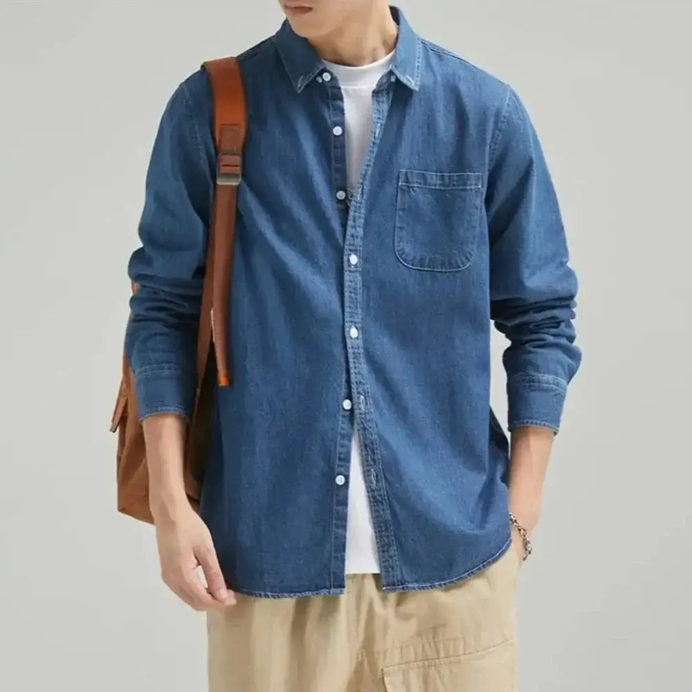 Blue denim shirt and leather backpack combo perfect for casual outings and style