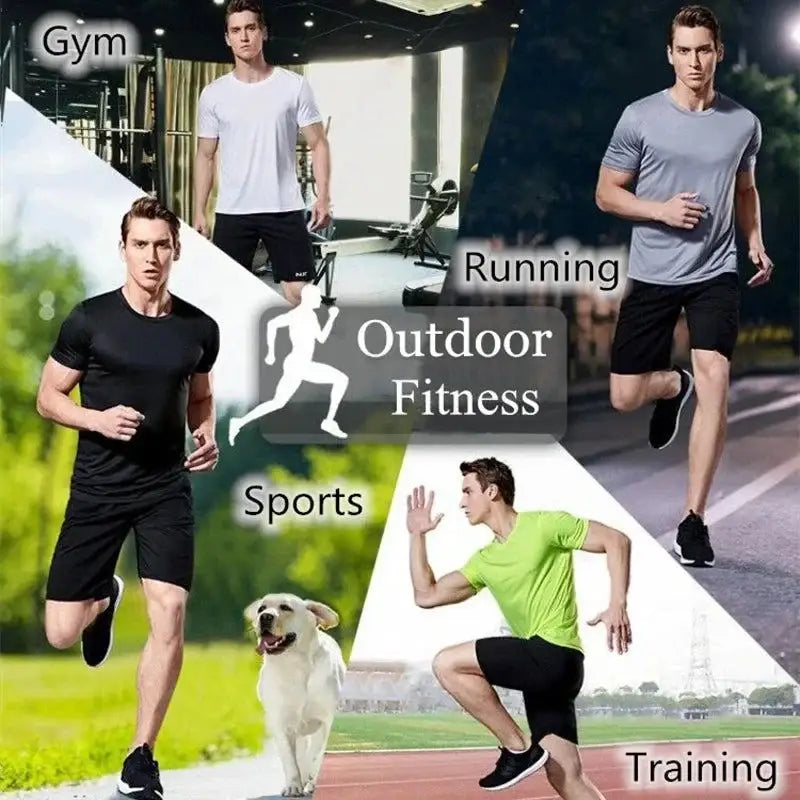 Collage of men in Diamond DryFit Duo running moisture wicking short sleeve gym shirts