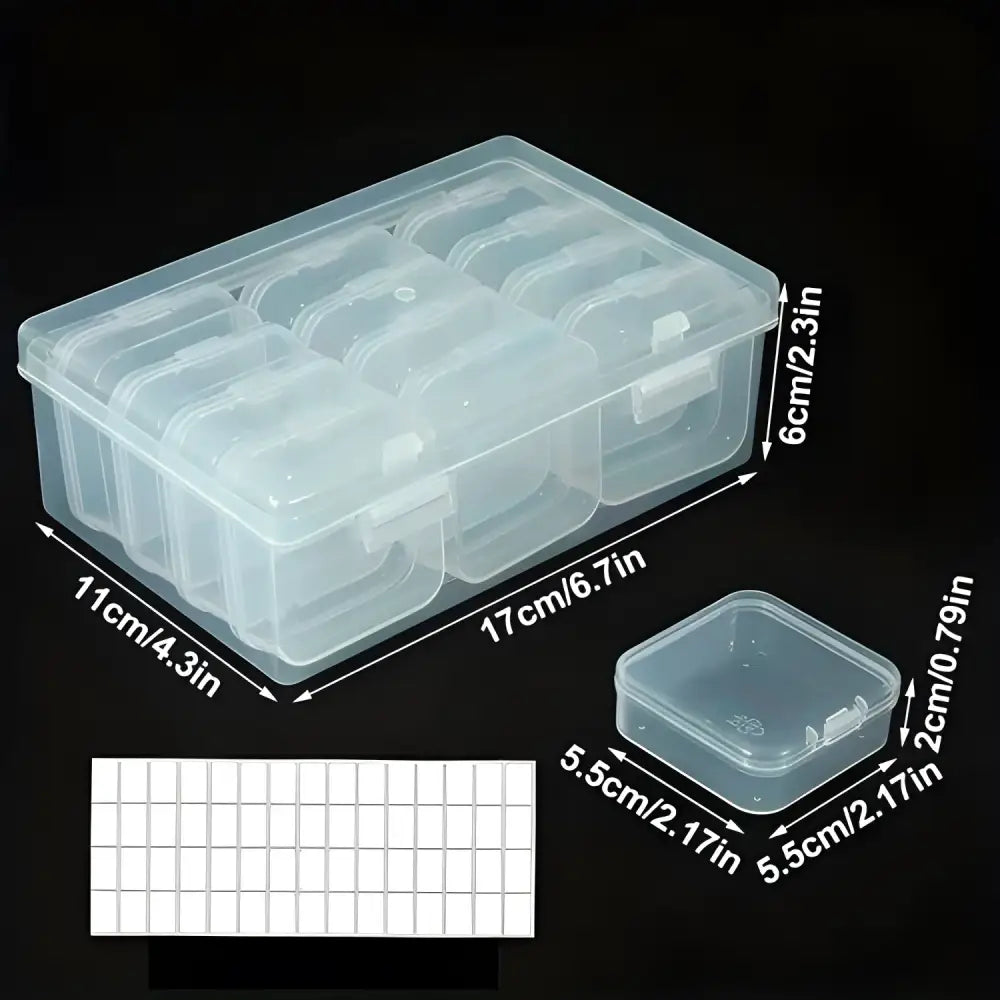 Clear plastic storage container with compartments for DIY diamond painting supplies