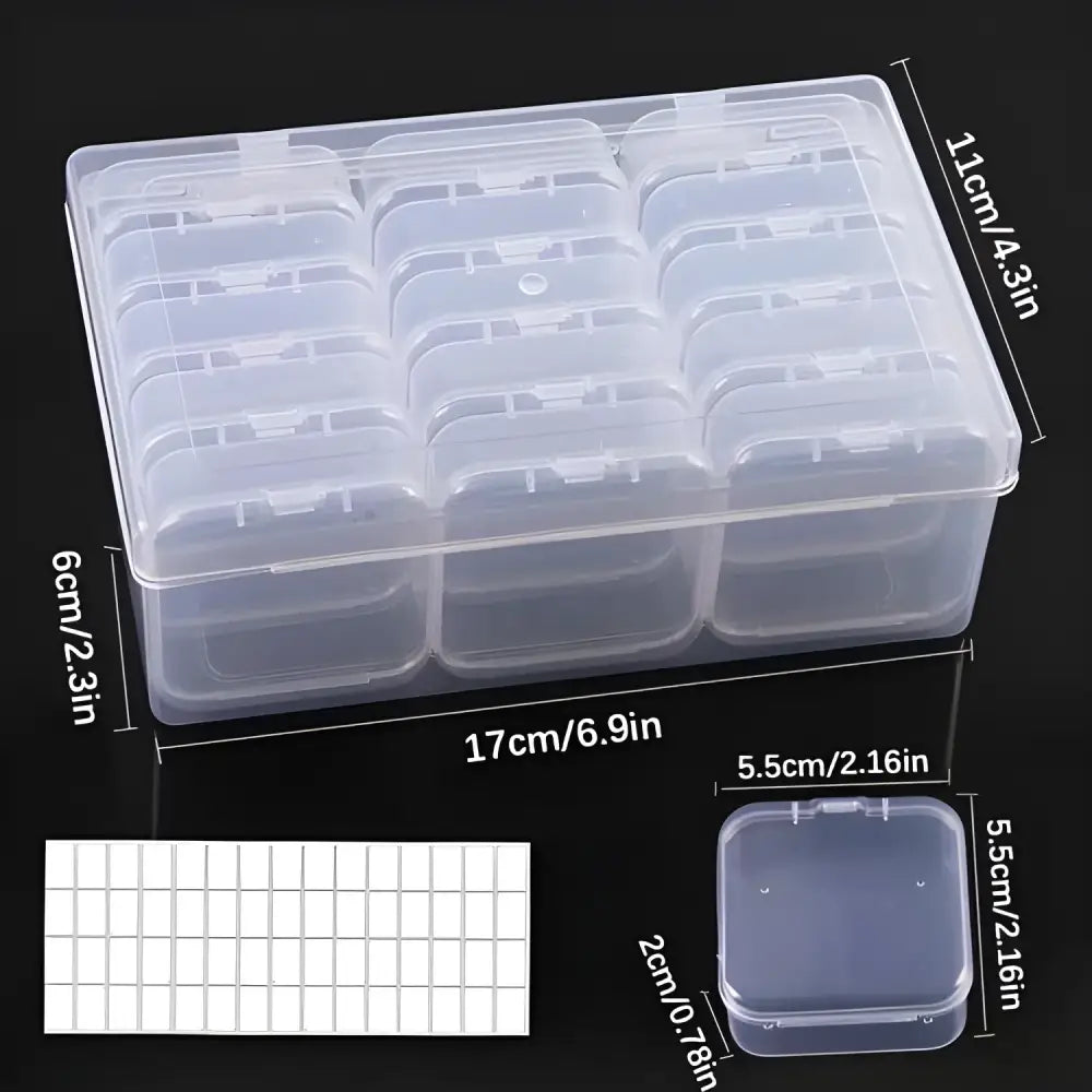 Clear plastic embroidery storage box with compartments for DIY diamond painting supplies