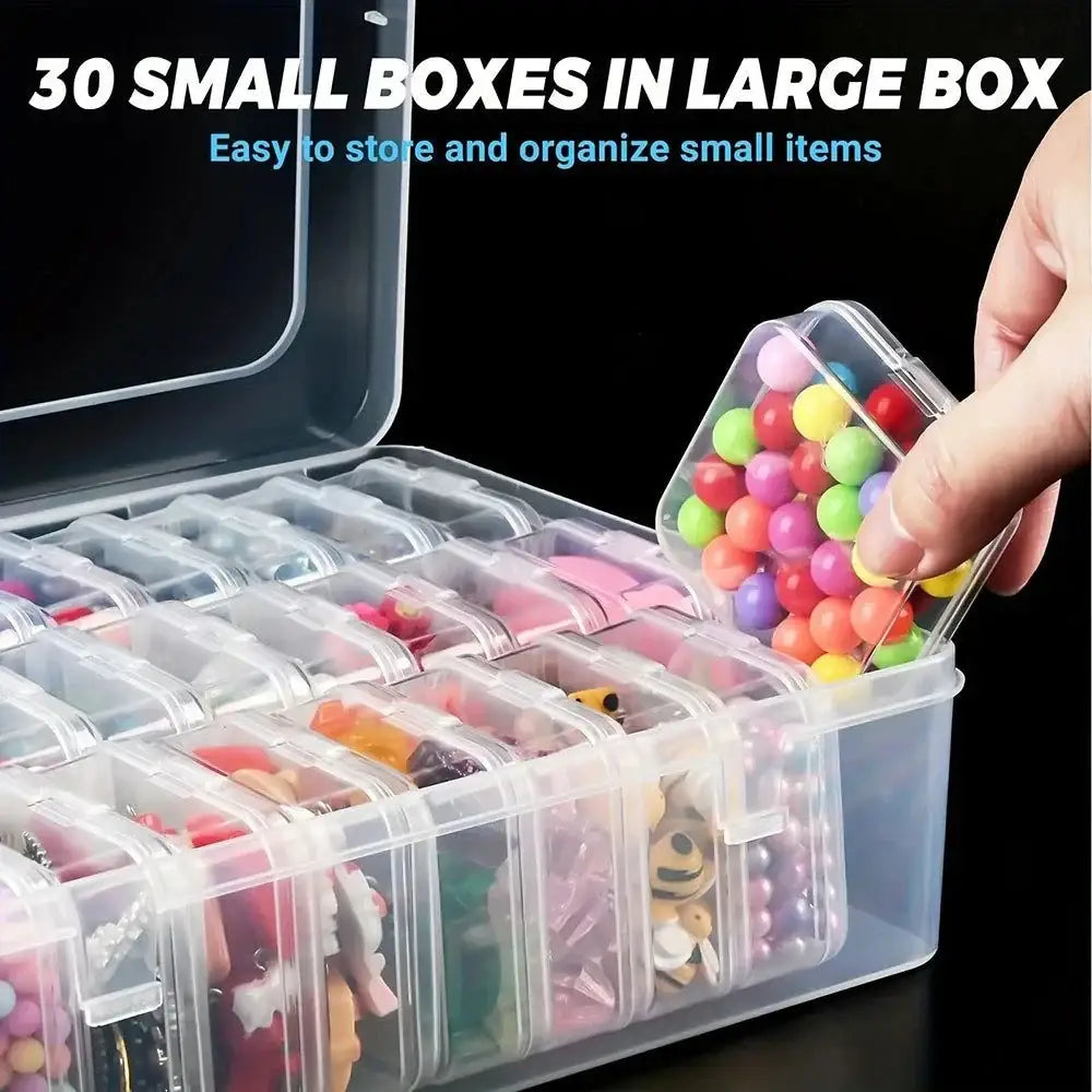 Clear plastic storage box with compartments for DIY diamond painting and embroidery projects