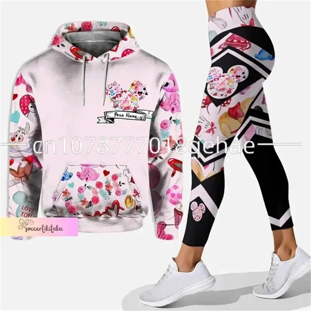 Cute Disney Mickey Minnie Hoodies and Leggings Set for Women, perfect for yoga and style