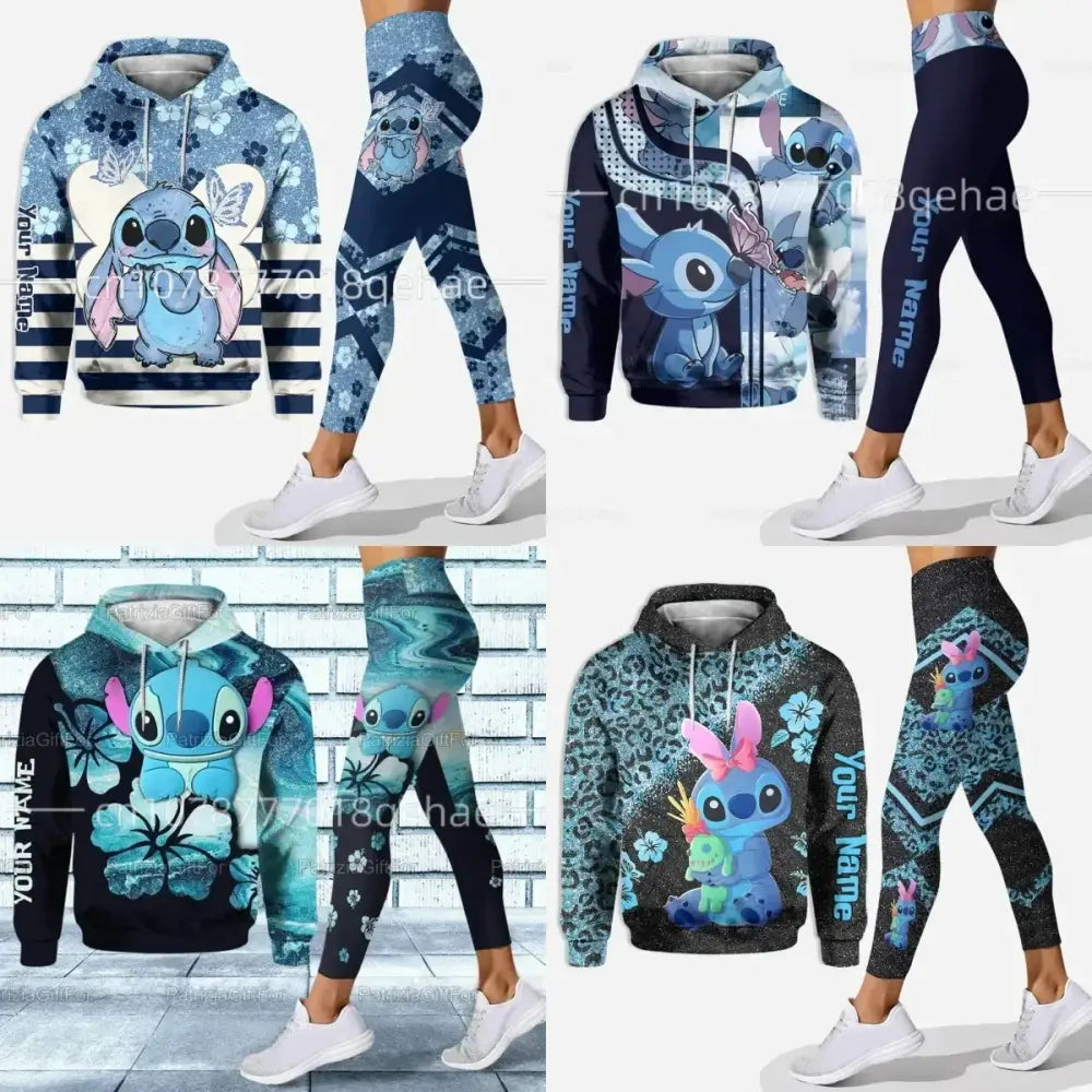 Cute Disney Stitch and Angle 3D hoodie with matching leggings women’s set for workouts