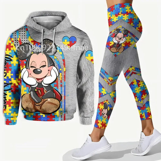 Mickey Mouse autism awareness hoodie and leggings set, perfect for casual wear and yoga