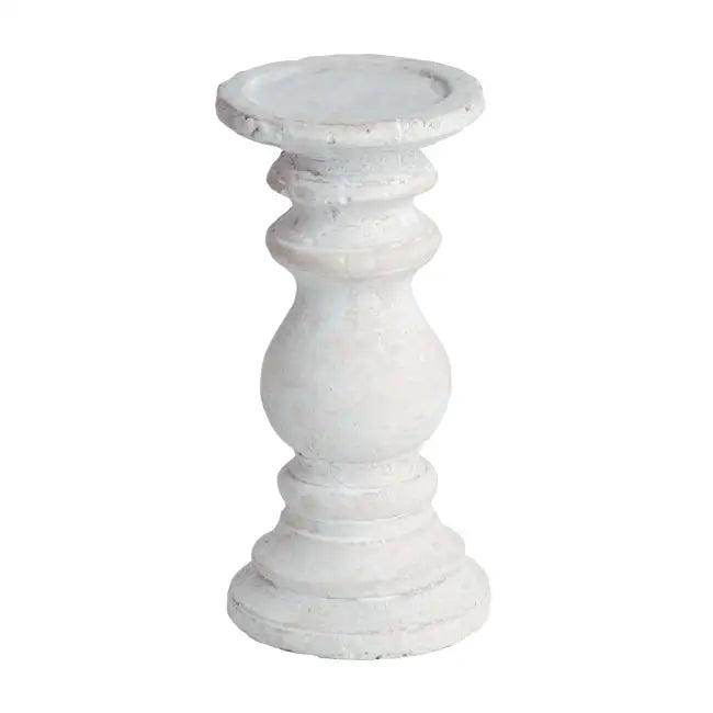 Distressed White Pedestal Stone Candle Holder for Elegant Decor - Estalios