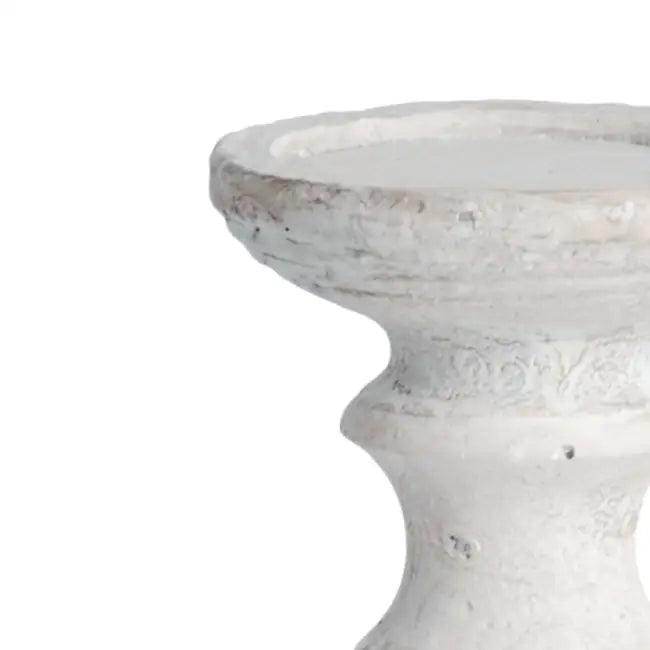 Distressed White Pedestal Stone Candle Holder for Elegant Decor - Estalios