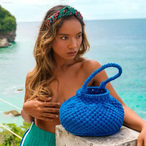 🌊 Divine Elegance – NAGA Macrame Bucket Bag | Perfect for Stylish Outings - Blue / Cotton Macrame / One size