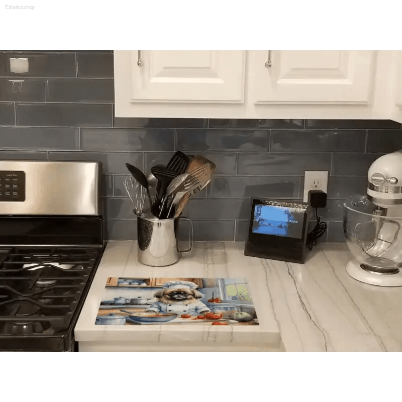 Dog Chef Decorative Glass Cutting Board: Kitchen Magic! Okay, Check out this Awesome Dog Chef Illustration on a Rectangular Kitchen Counter Mat and Watercolor-style Cutting Board - Estalios