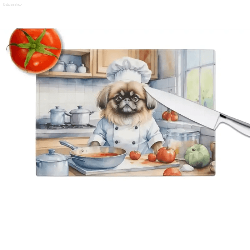 Dog Chef Decorative Glass Cutting Board: Kitchen Magic! Okay, Check out this Awesome Dog Chef Illustration on a Rectangular Kitchen Counter Mat and Watercolor-style Cutting Board - Estalios