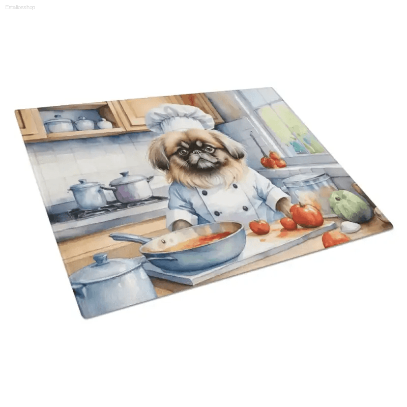 Dog Chef Decorative Glass Cutting Board: Kitchen Magic! Okay, Check out this Awesome Dog Chef Illustration on a Rectangular Kitchen Counter Mat and Watercolor-style Cutting Board - Estalios