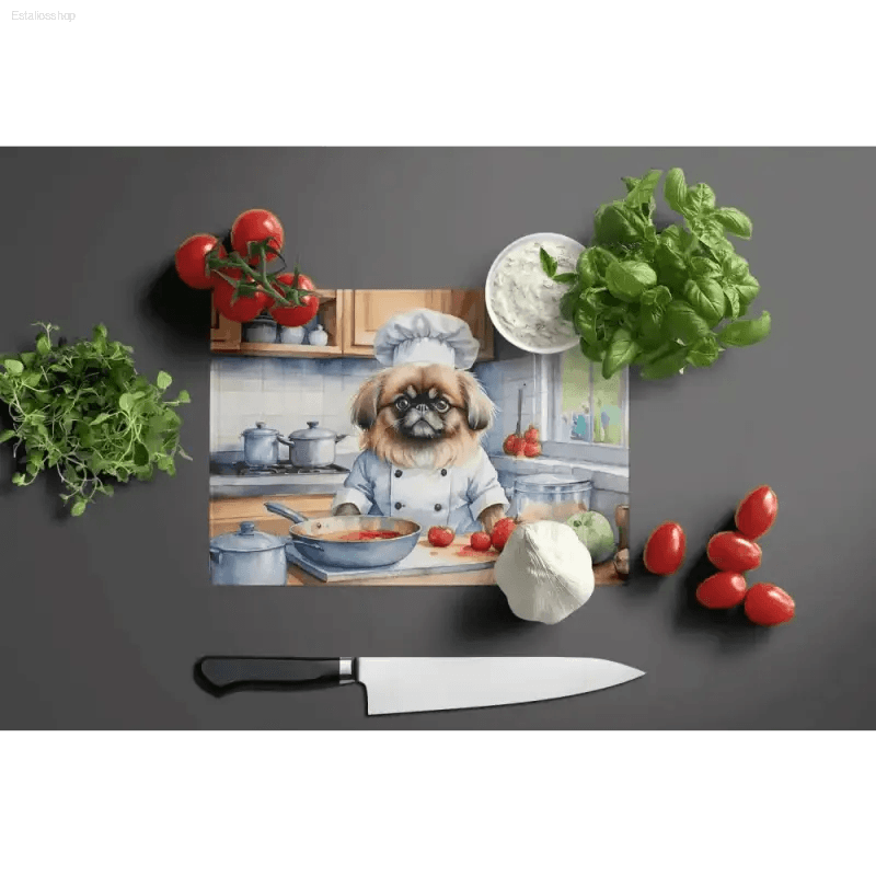 Dog Chef Decorative Glass Cutting Board: Kitchen Magic! Okay, Check out this Awesome Dog Chef Illustration on a Rectangular Kitchen Counter Mat and Watercolor-style Cutting Board - Estalios