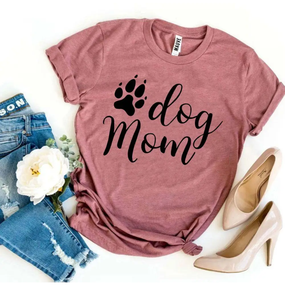 Mauve Dog Mom t-shirt displayed in heather gray sold design for pet lovers