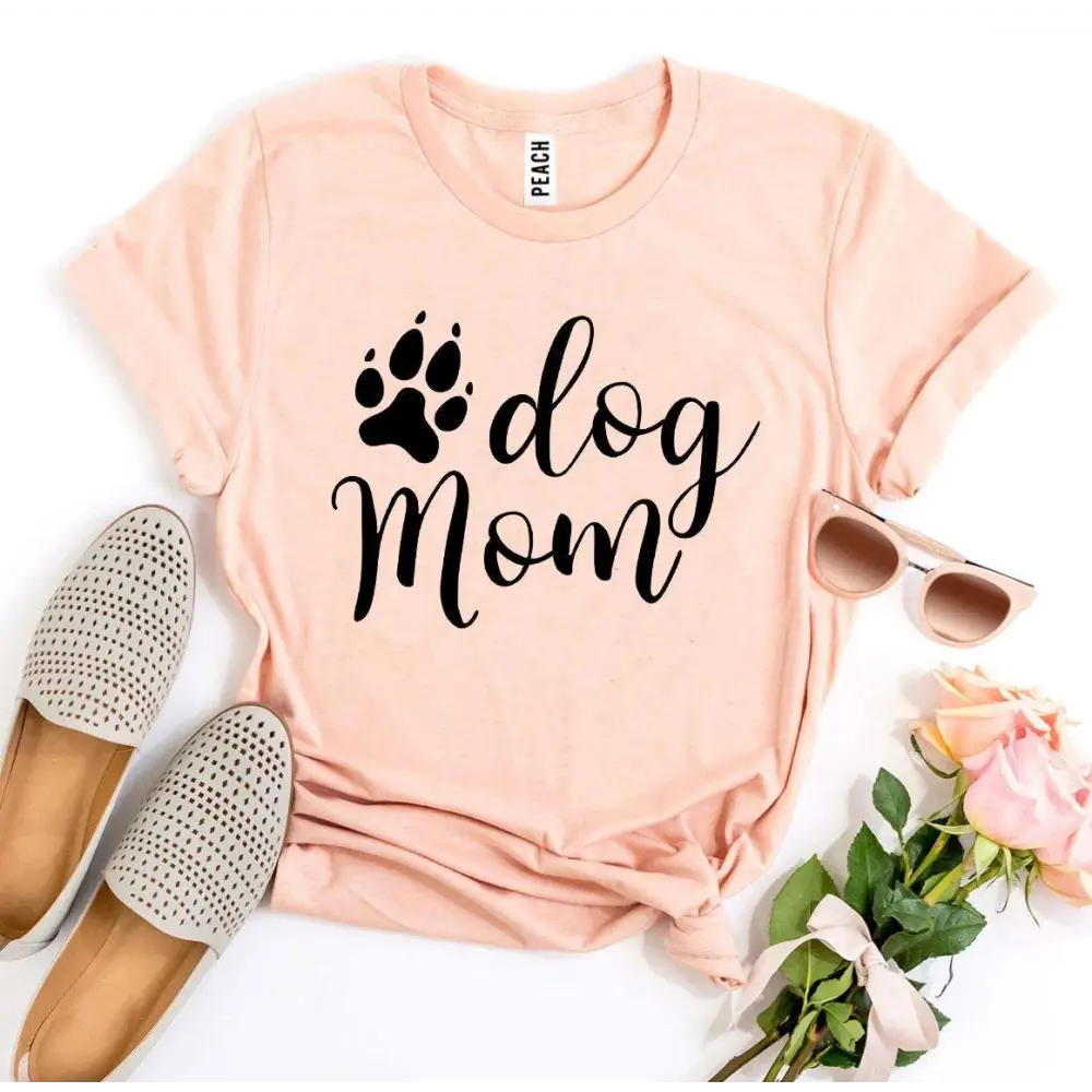 Peach-colored Dog Mom t-shirt perfect for showing off your pup love, heather gray sold