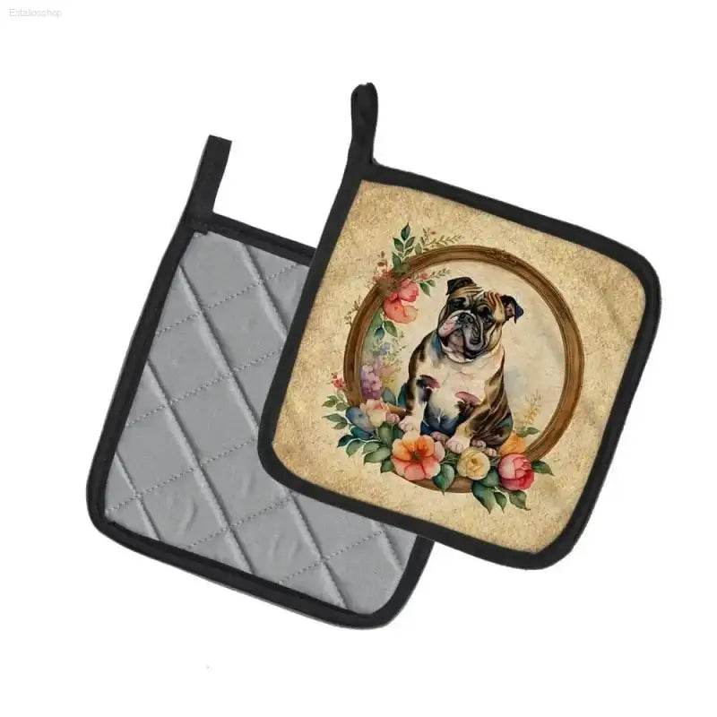 Doggy Floral Hot Pads Double the Fun! **product Description:** Spice Up your Kitchen with these Adorable Square Pot Holders Featuring a Charming Floral Dog Design! - Estalios
