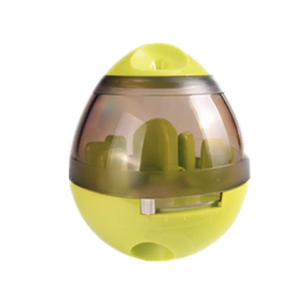 Egg-shaped green and gray food dispenser tumbler for cats, perfect for flowing treats