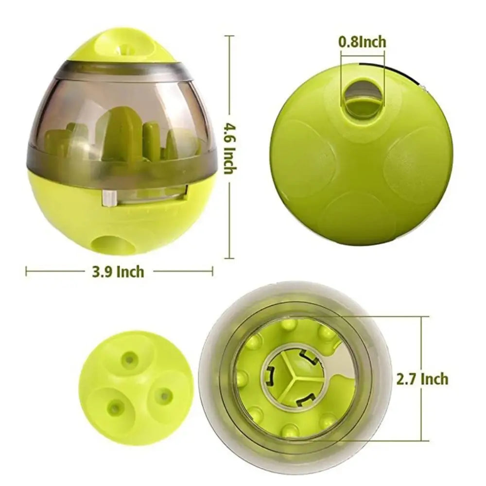 Green and clear food dispenser tumbler for fun treat flowing for dogs and cats