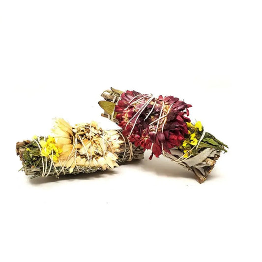 Two floral sage bundles featuring Red Dollar Eucalyptus and Cloud Flower Power