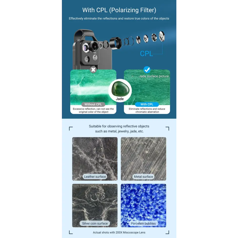 Polarizing filter demo with Dragon 200x Digital Smartphone Microscope for 200x digital zoom