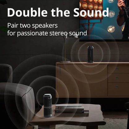 Paired black cylindrical speakers for Dragon Bluetooth IPX7 Waterproof with degrees surround sound