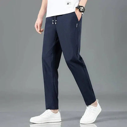 Navy blue drawstring pants perfect for spring summer waist and business casual looks