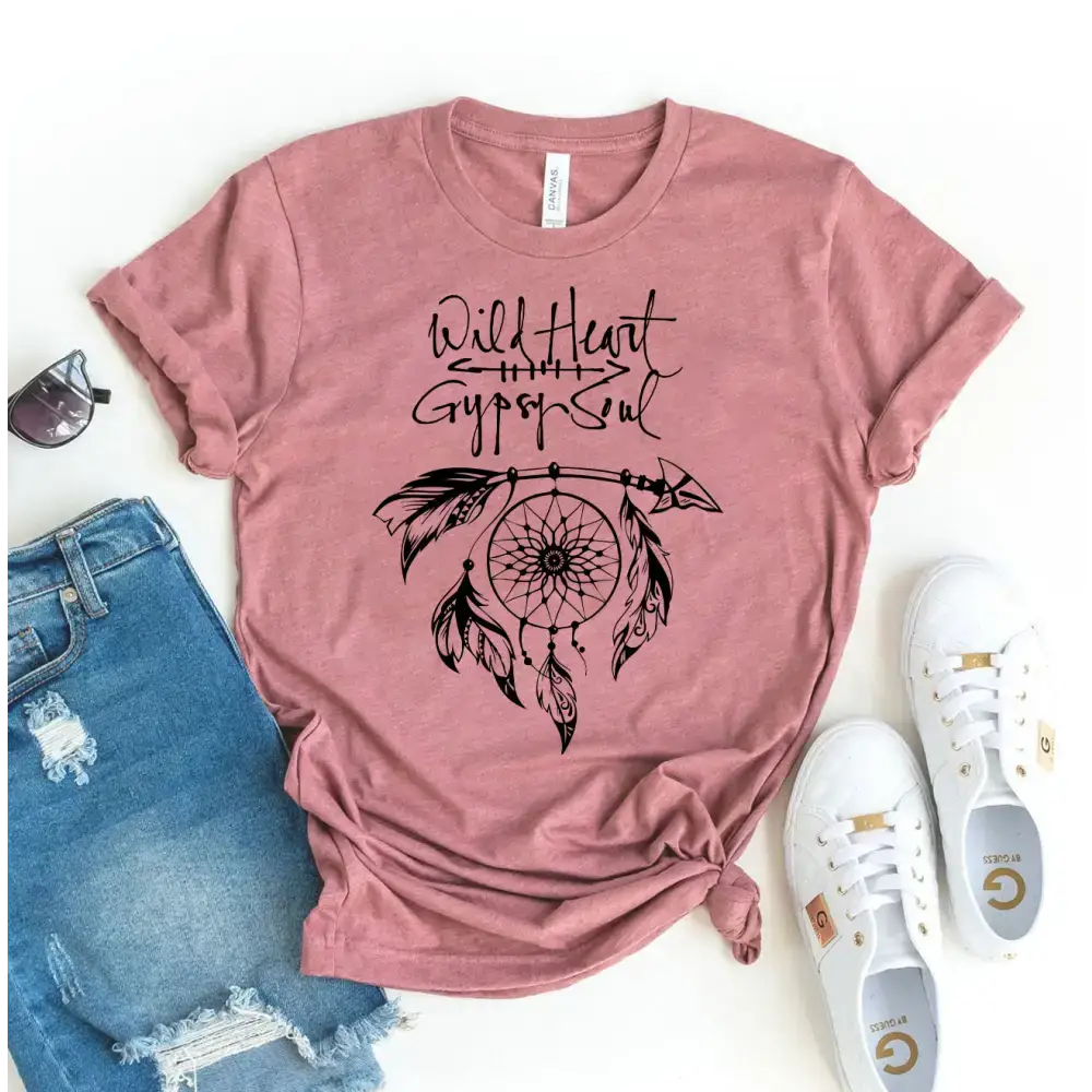 Pink t-shirt with a dreamcatcher design in Heather Ice Blue & Lilac style