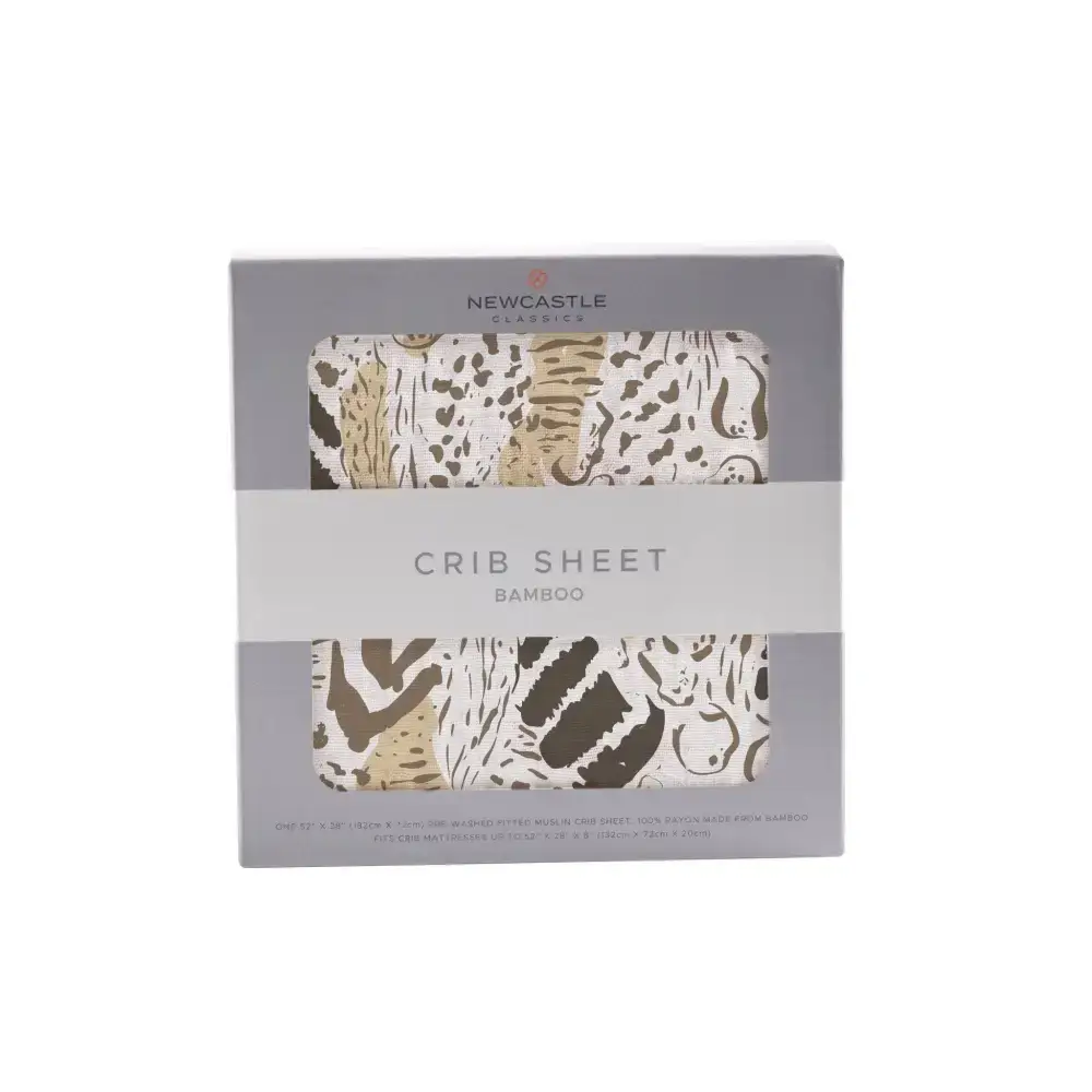 Packaged Dreamy Bamboo Muslin Crib Sheet with cute animal print bamboo design