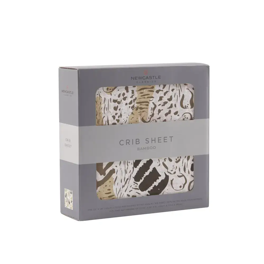 Boxed Dreamy Bamboo Muslin Crib Sheet with cute animal print bamboo design