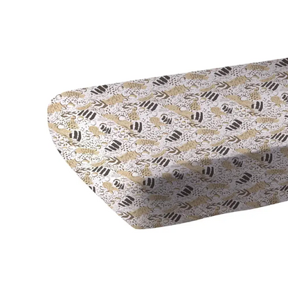 Patterned fitted Dreamy Bamboo Muslin Crib Sheet with fun animal print bamboo design