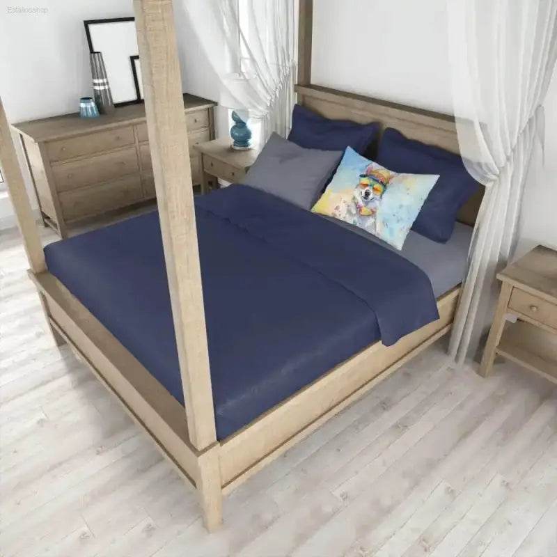 Dreamy Blue Upholstered Bed Oasis with Watercolor Dog Pillow! - Estalios
