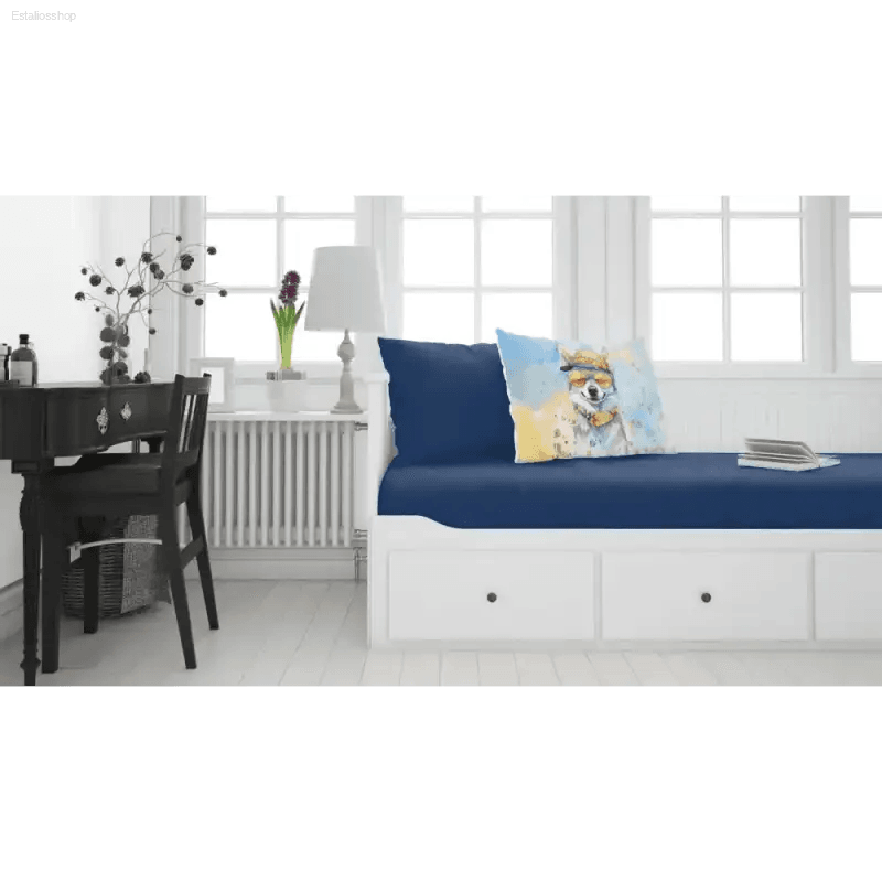 Dreamy Blue Upholstered Bed Oasis with Watercolor Dog Pillow! - Estalios