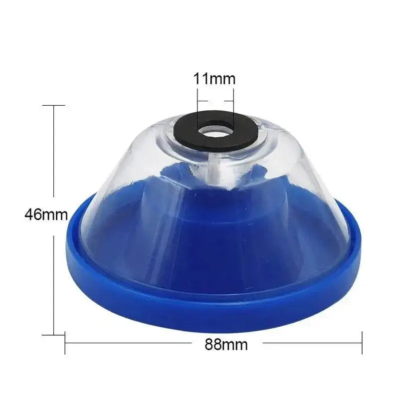 Blue and clear Drill Dust Cover for household electric drill with dimensions shown