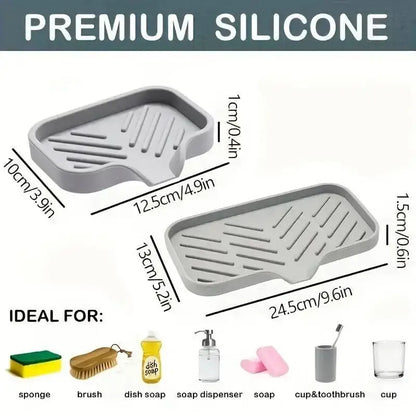 Gray Silicone Kitchen Sink Organizers in the Drip-Free Silicone Sink Tray for soap and sponges