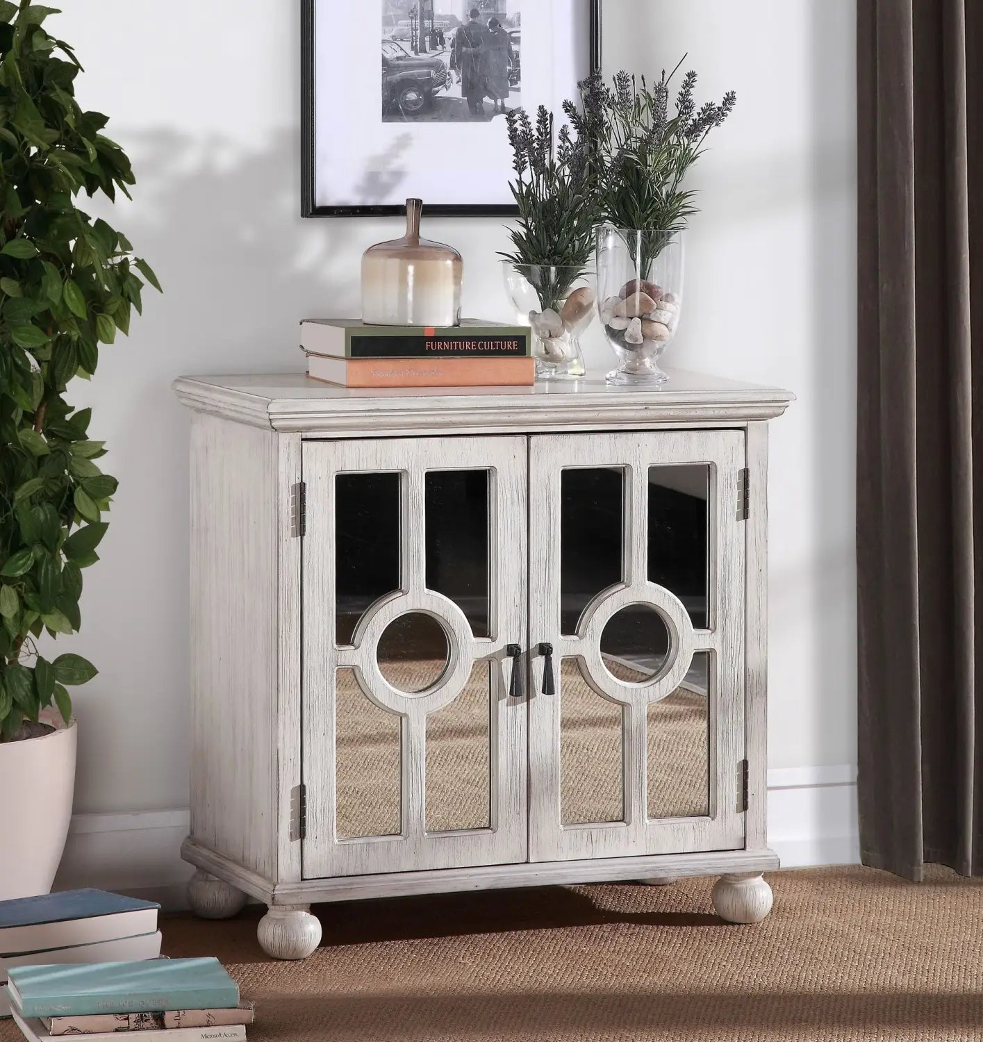 Antique White Classic Storage Cabinet with Mirror Doors for Living Room and Bedroom