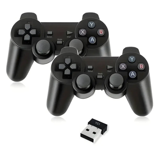 Two black 4GHz wireless gamepads with a USB dongle for a dual controller setup