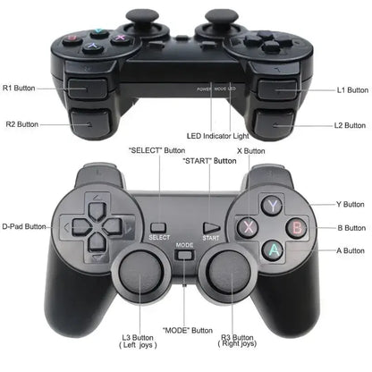 Black and gray 4GHz wireless gamepad with labeled buttons for ultimate gameplay