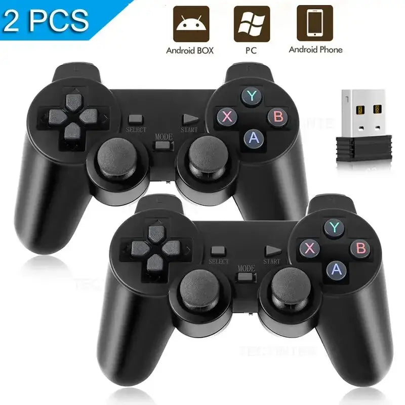 Two black 4GHz wireless gamepads with USB joystick design for a dual controller setup