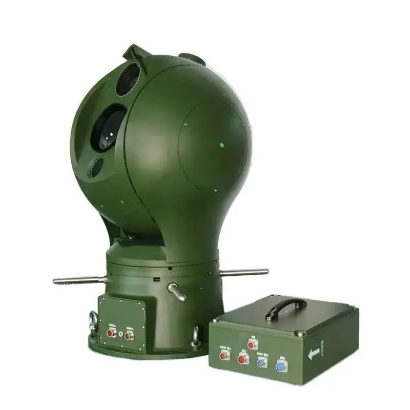 Olive-drab PTZ Dual Sensor surveillance turret with control box for long range thermal monitoring