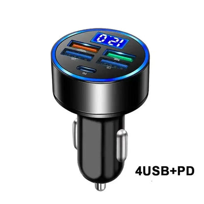 Black USB car charger with four ports and digital display for fast phone charging