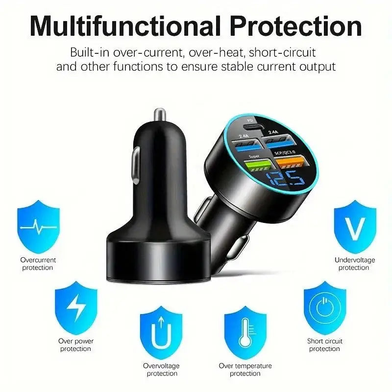 Black Dual USB Car Charger Fast Charging with multiple ports and digital display