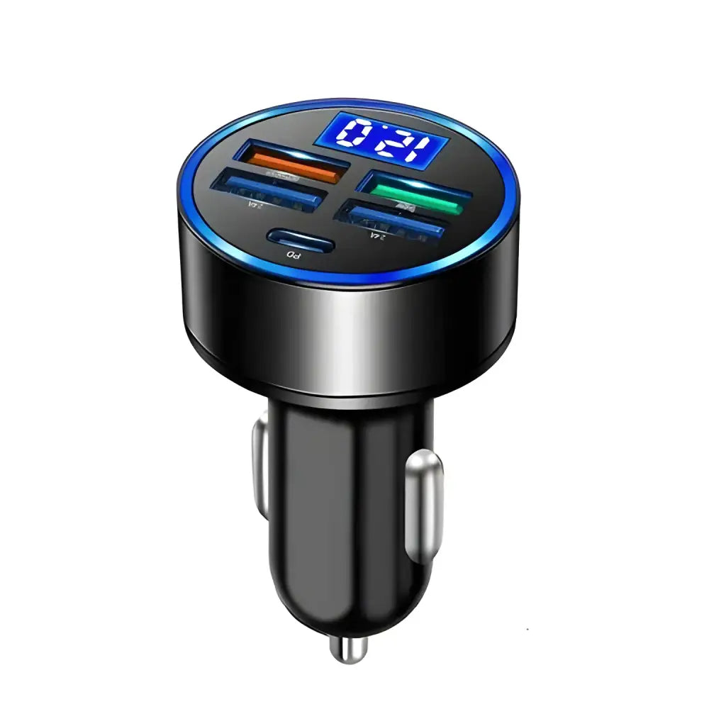 Black Dual USB Car Charger with multiple ports and digital display for fast phone charging