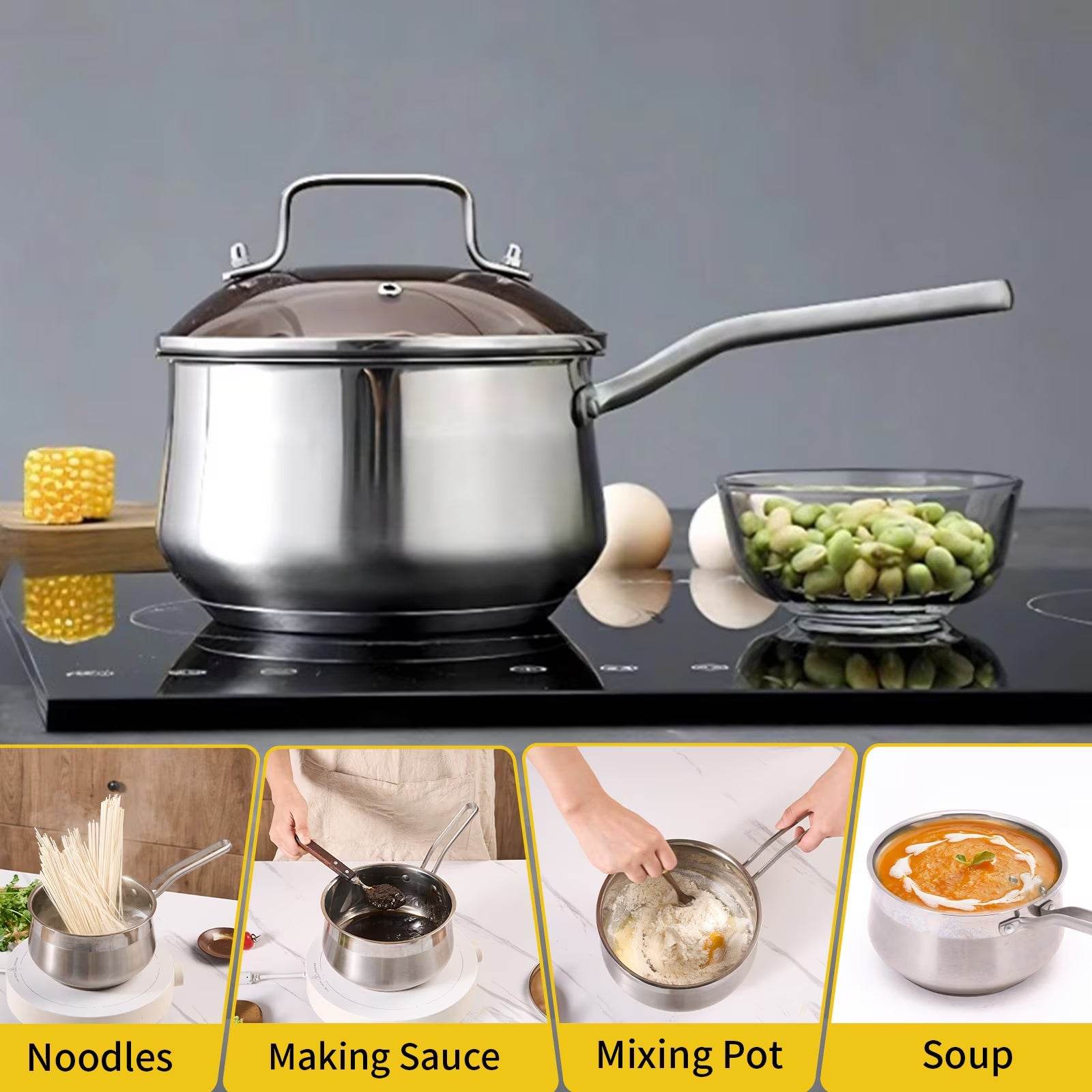 Non-Stick Stainless Steel Saucepan With Lid, 2.85QT - Estalios
