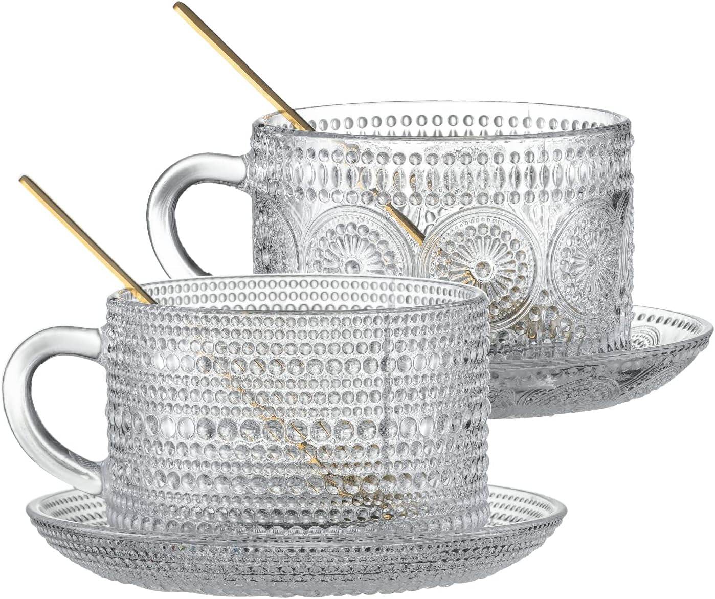 Vintage Coffee Mugs 14 Oz Set of 2 Embossed Glass Cups - Estalios
