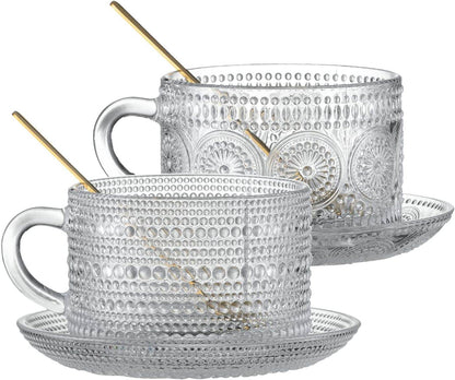 Vintage Coffee Mugs 14 Oz Set of 2 Embossed Glass Cups - Estalios